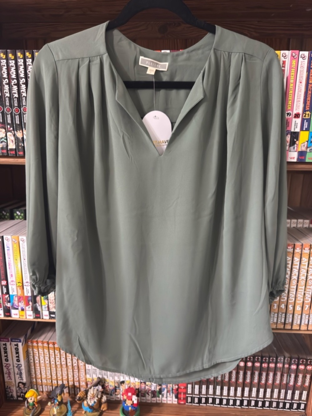 Pleione Sage Green V-Neck Pleated Blouse